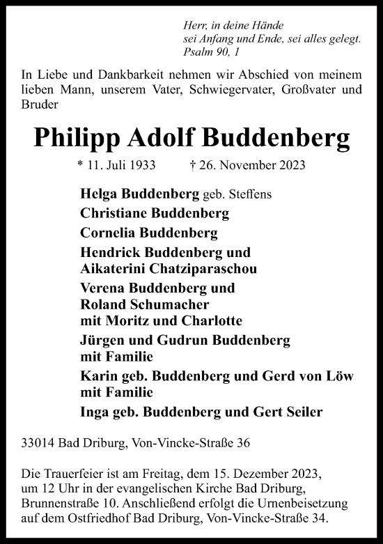 Traueranzeige von Philipp Adolf Buddenberg von Neue Westfälische