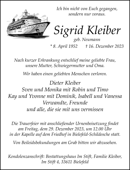 Traueranzeige von Sigrid Kleiber von Neue Westfälische