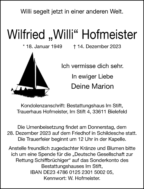 Traueranzeige von Wilfried Hofmeister von Neue Westfälische