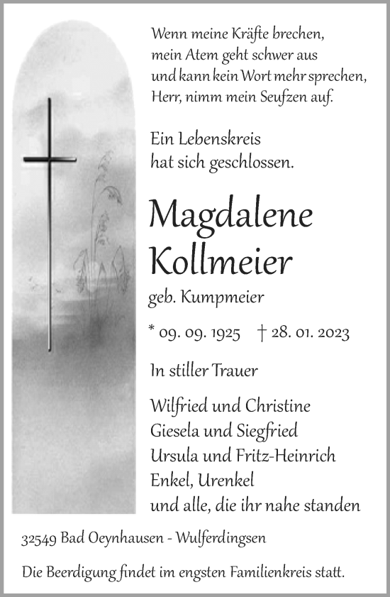 Traueranzeige von Magdalene Kollmeier von Neue Westfälische