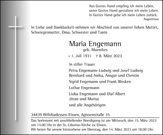 Traueranzeige von Maria Engemann von Neue Westfälische