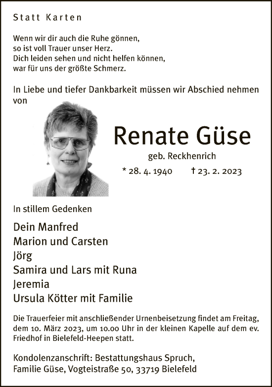 Traueranzeige von Renate Güse von Neue Westfälische