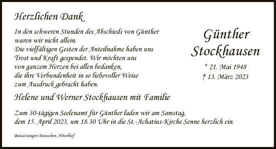 Traueranzeige von Günther Stockhausen von Neue Westfälische