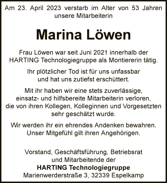 Traueranzeige von Marina Löwen von Neue Westfälische