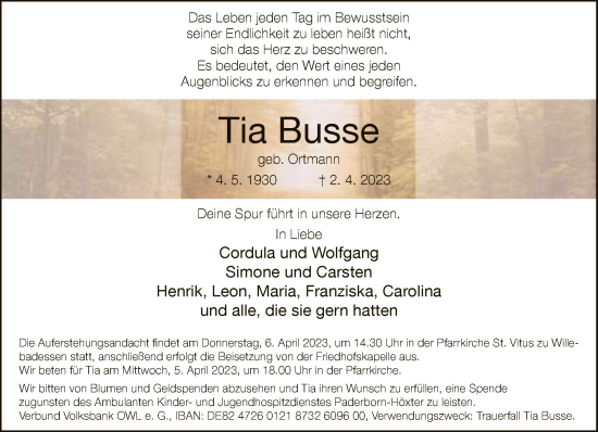 Traueranzeige von Tia Busse von Neue Westfälische