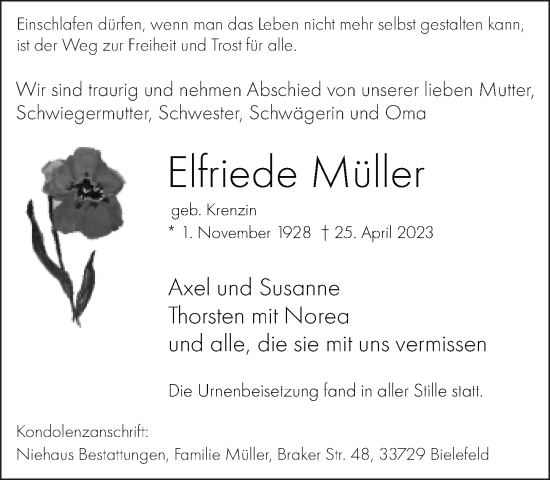 Traueranzeige von Elfriede Müller von Neue Westfälische