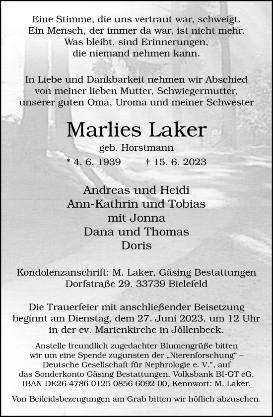 Traueranzeige von Marlies Laker von Neue Westfälische