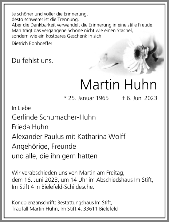 Traueranzeige von Martin Huhn von Neue Westfälische