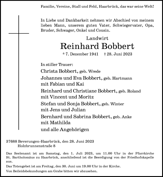 Traueranzeige von Reinhard Bobbert von Neue Westfälische