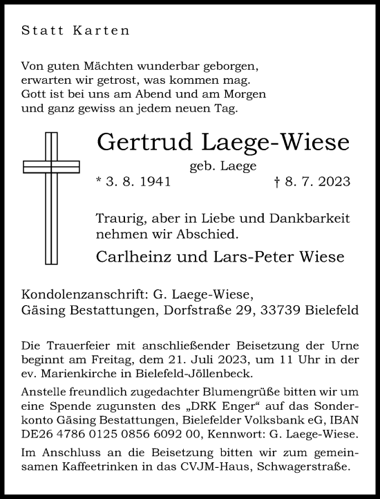 Traueranzeige von Gertrud Laege-Wiese von Neue Westfälische