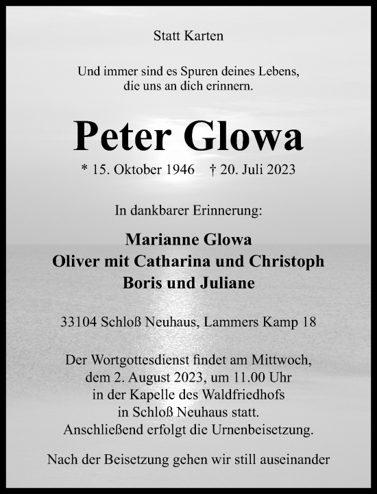 Traueranzeige von Peter Glowa von Neue Westfälische