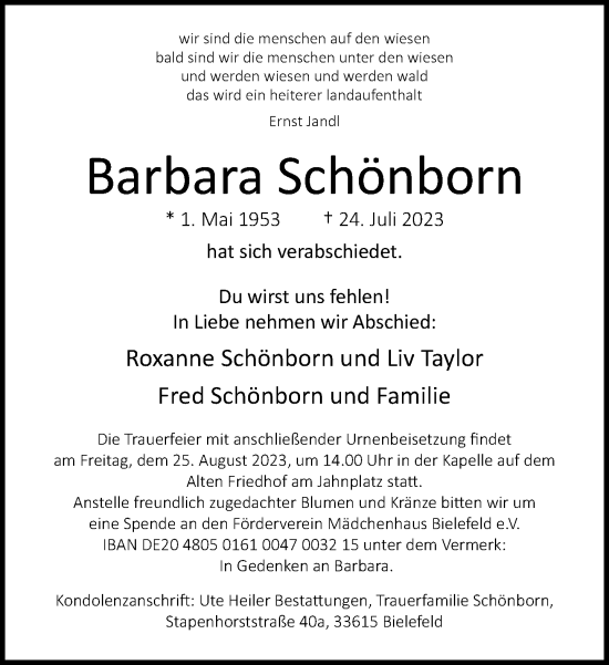 Traueranzeige von Barbara Schönborn von Neue Westfälische