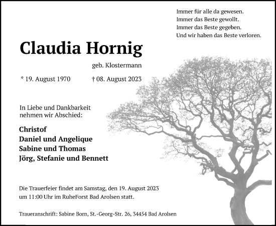 Traueranzeige von Claudia Hornig von Neue Westfälische