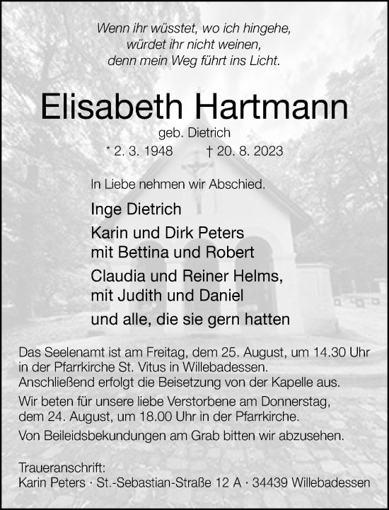 Traueranzeige von Elisabeth Hartmann von Neue Westfälische