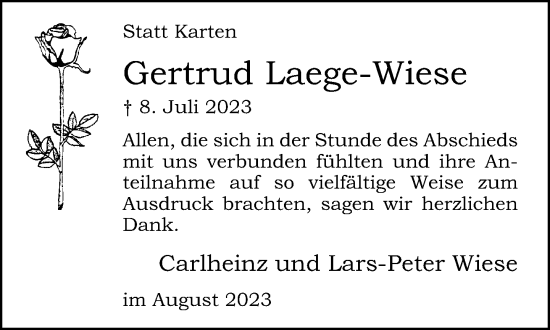 Traueranzeige von Gertrud Laege-Wiese von Neue Westfälische