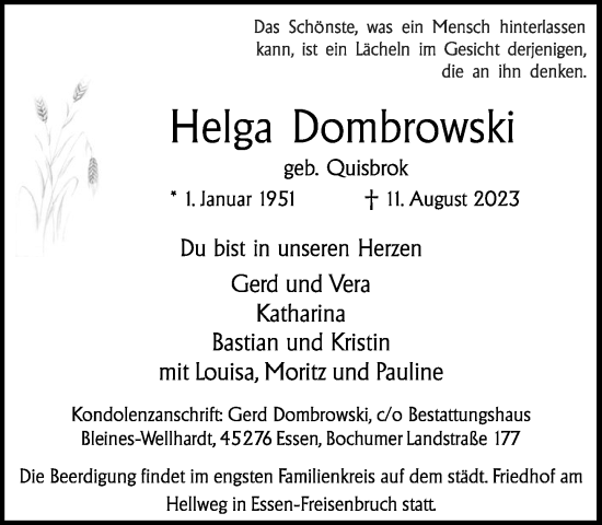 Traueranzeige von Helga Dombrowski von Neue Westfälische