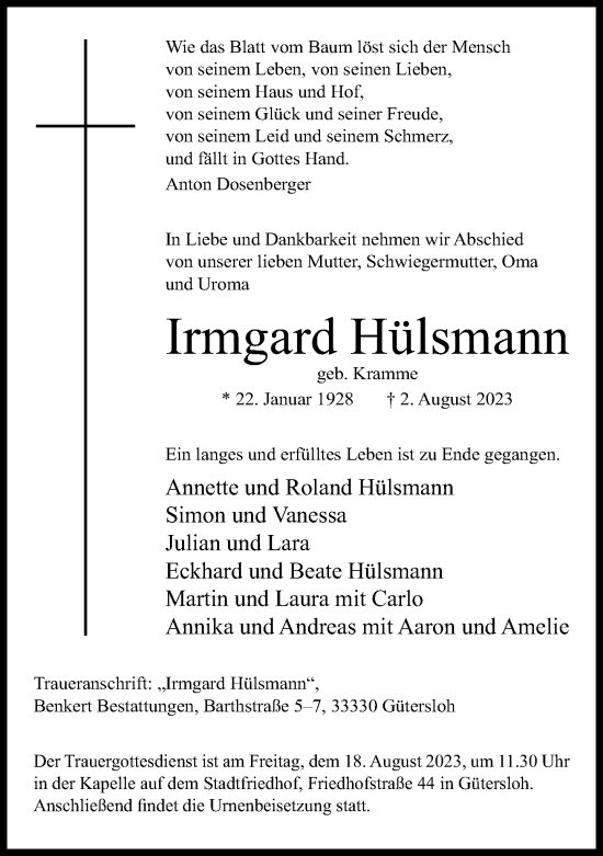 Traueranzeige von Irmgard Hülsmann von Neue Westfälische