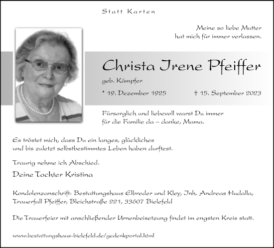 Traueranzeige von Christa Irene Pfeiffer von Neue Westfälische