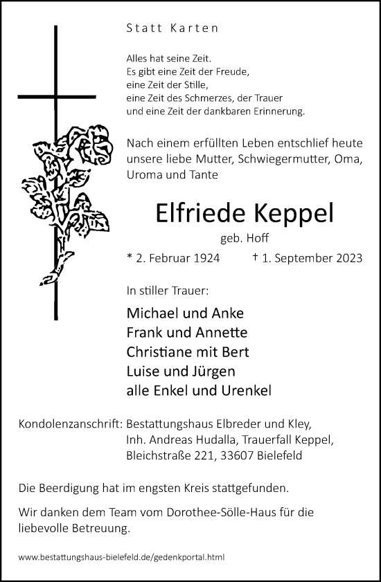 Traueranzeige von Elfriede Keppel von Neue Westfälische