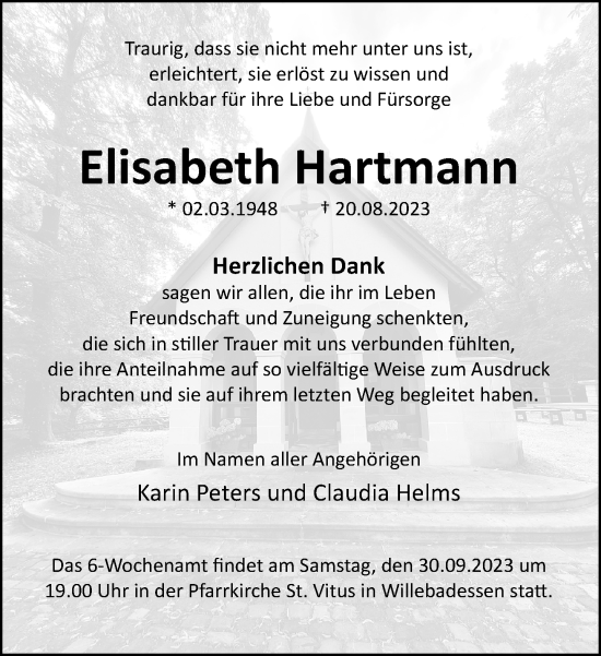 Traueranzeige von Elisabeth Hartmann von Neue Westfälische