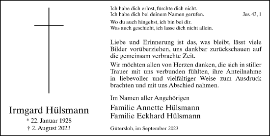 Traueranzeige von Irmgard Hülsmann von Neue Westfälische