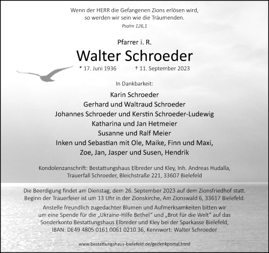 Traueranzeige von Walter Schroeder von Neue Westfälische