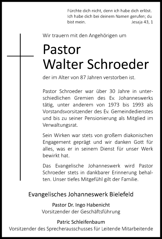 Traueranzeige von Walter Schroeder von Neue Westfälische