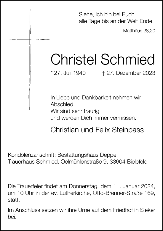 Traueranzeige von Christel Schmied von Neue Westfälische