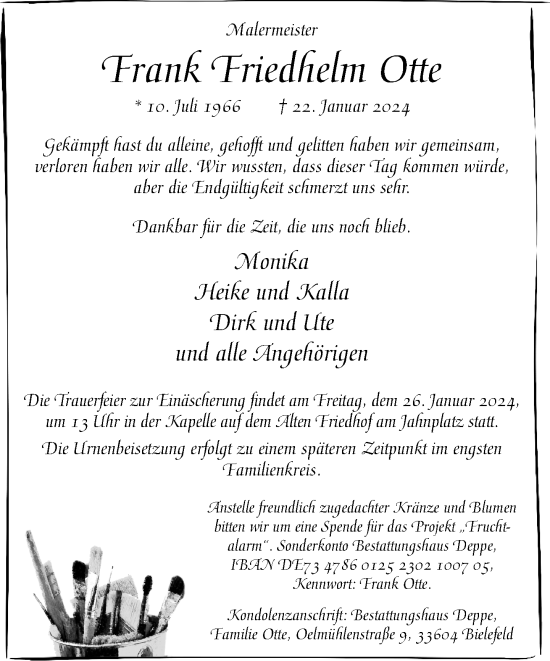 Traueranzeige von Frank Friedhelm Otte von Neue Westfälische