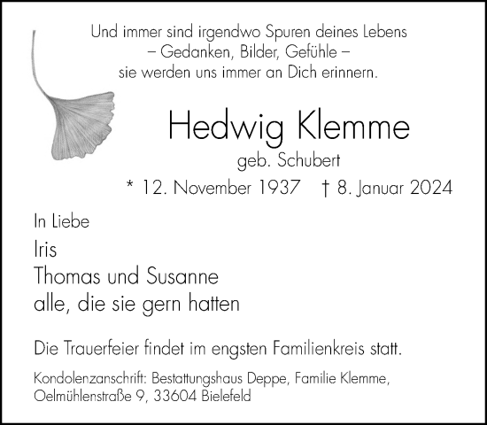 Traueranzeige von Hedwig Klemme von Neue Westfälische