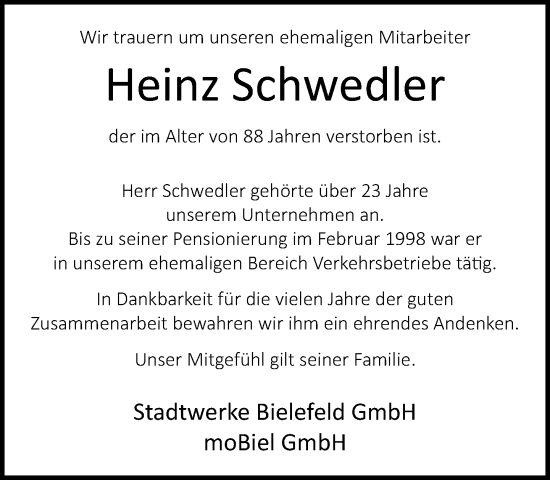 Traueranzeige von Heinz Schwedler von Neue Westfälische