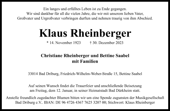 Traueranzeige von Klaus Rheinberger von Neue Westfälische