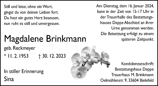 Traueranzeige von Magdalene Brinkmann von Neue Westfälische