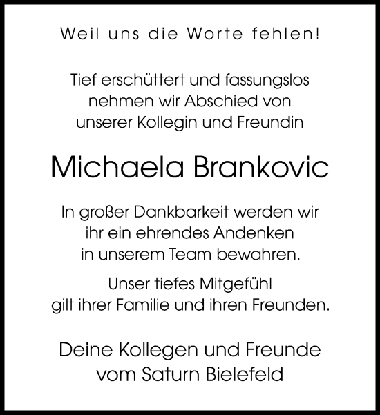 Traueranzeige von Michaela Brankovic von Neue Westfälische