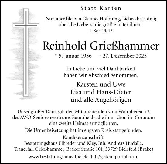 Traueranzeige von Reinhold Grießhammer von Neue Westfälische