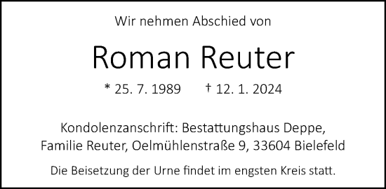 Traueranzeige von Roman Reuter von Neue Westfälische