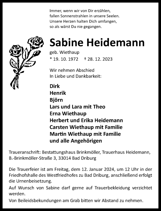 Traueranzeige von Sabine Heidemann von Neue Westfälische