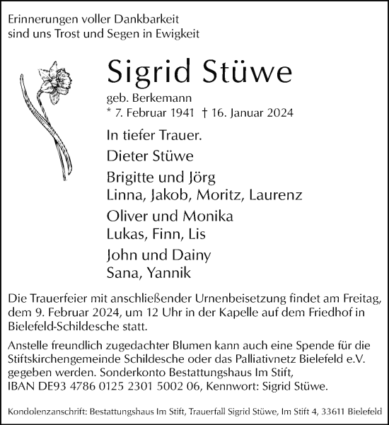 Traueranzeige von Sigrid Stüwe von Neue Westfälische