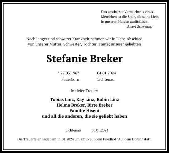 Traueranzeige von Stefanie Breker von Neue Westfälische