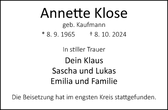 Traueranzeige von Annette Klose von Neue Westfälische