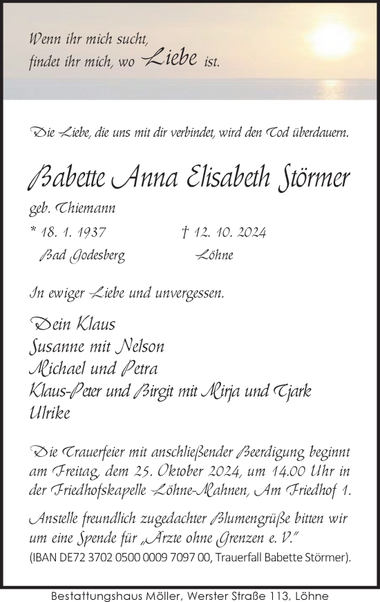 Traueranzeige von Babette Anna Elisabeth Störmer von Neue Westfälische