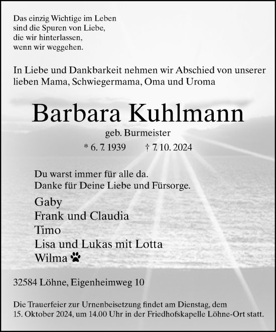 Traueranzeige von Barbara Kuhlmann von Neue Westfälische