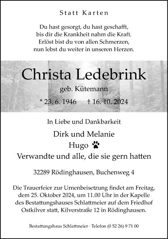 Traueranzeige von Christa Ledebrink von Neue Westfälische