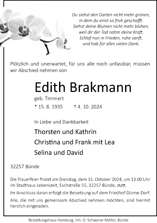 Traueranzeige von Edith Brakmann von Neue Westfälische