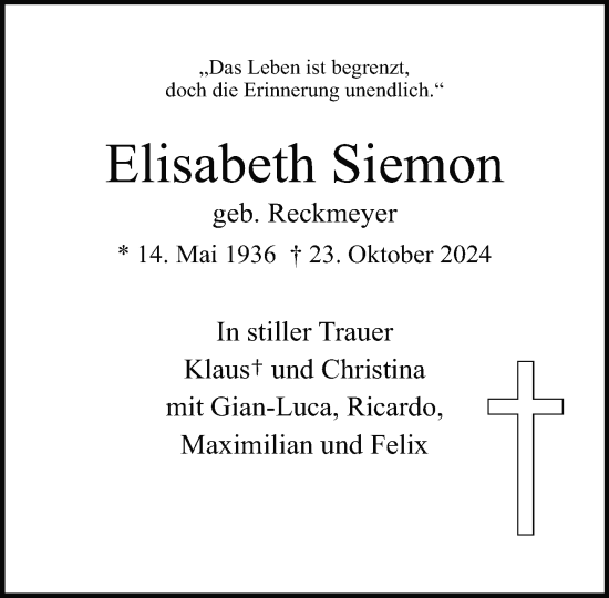 Traueranzeige von Elisabeth Siemon von Neue Westfälische