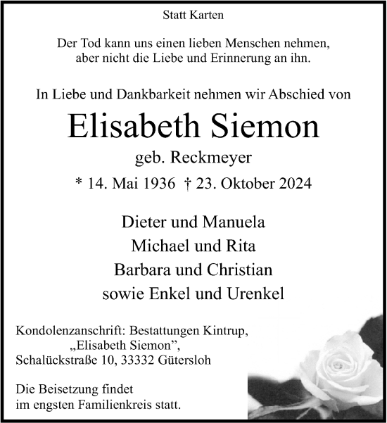 Traueranzeige von Elisabeth Siemon von Neue Westfälische