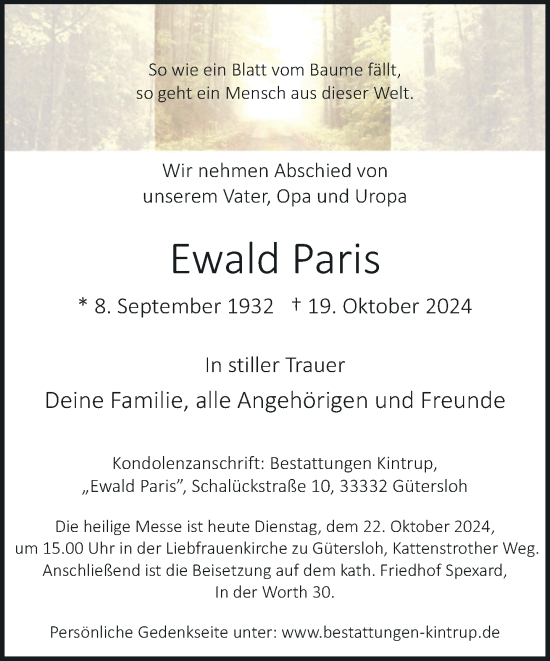 Traueranzeige von Ewald Paris von Neue Westfälische