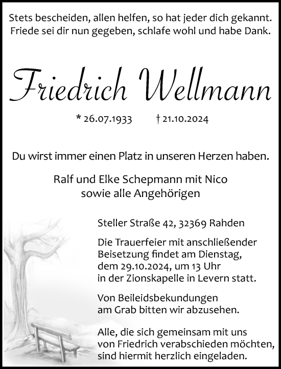 Traueranzeige von Friedrich Wellmann von Neue Westfälische