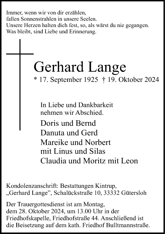 Traueranzeige von Gerhard Lange von Neue Westfälische