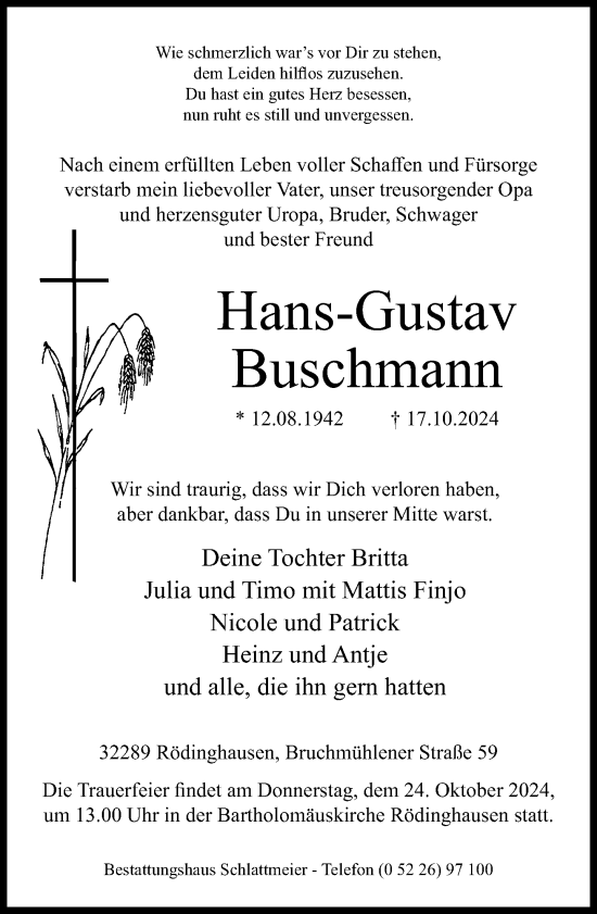 Traueranzeige von Hans-Gustav Buschmann von Neue Westfälische